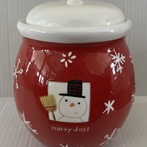 Hallmark Christmas Cookie Jar & Lid Ceramic Red Snowman & Snowflakes 5" x 7.5"